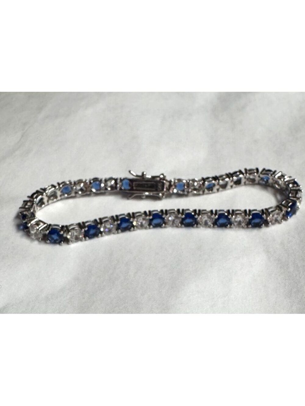 925 Sterling Silver Tennis Bracelet 6.25" Blue Clear Glass 9.53g